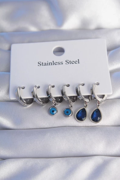 316L Çelik Gümüş Renk Oval Tasarım Mavi Zirkon Taşlı Damla Model Küpe Seti ürün görseli 1