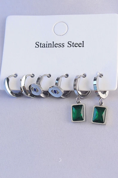 316L Çelik Gümüş Renk Göz Detay Oval Tasarım Yeşil Zirkon Taşlı Kare Model Küpe Seti ürün görseli 1