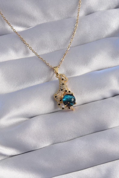 316L Çelik Zincir Gold Renk Zirkon Taşlı Panter Figürlü Gezegen Kolye ürün görseli 1