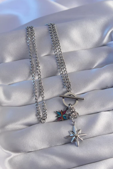 316L Çelik Zincir Gold Renk Renkli Mineli Zirkon Taşlı Kutup Yıldızlı Kolye - Resim 2
