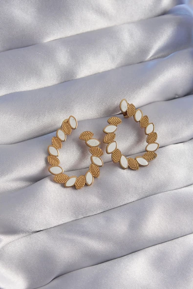 316L Çelik Gold Renk Mineli Yaprak Figürlü Küpe ürün görseli 1