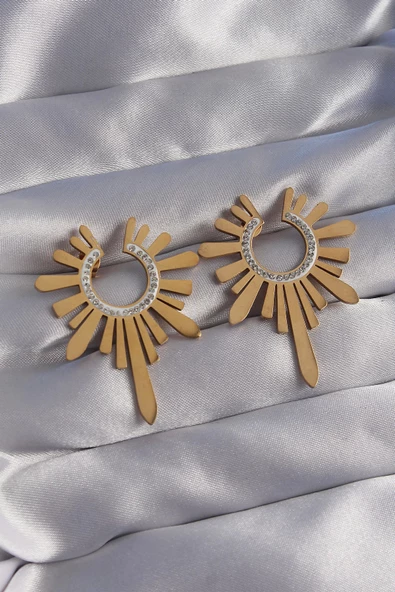 316L Çelik Gold Renk Zirkon Taşlı Güneş Figürlü Küpe ürün görseli 1