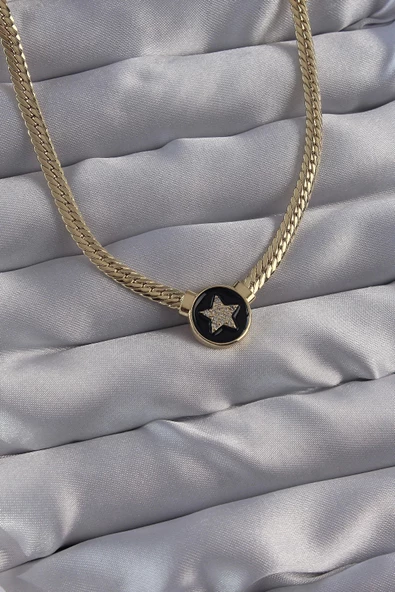 Pirinç Gold Renk Zirkon Taşlı Yıldız Model Siyah Mineli Ezme Zincirli Serenay Kolyesi - Resim 3