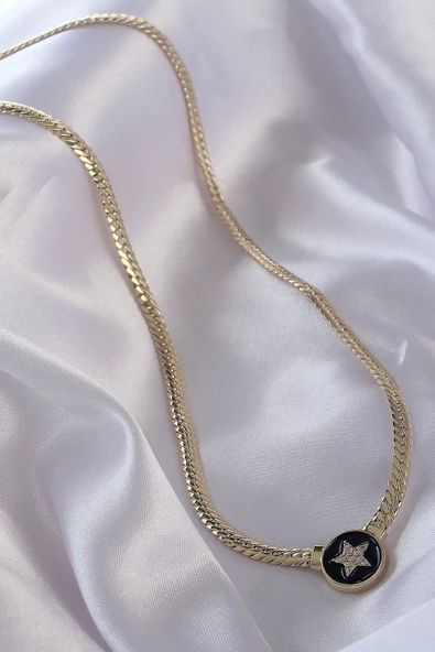Pirinç Gold Renk Zirkon Taşlı Yıldız Model Siyah Mineli Ezme Zincirli Serenay Kolyesi - Resim 2