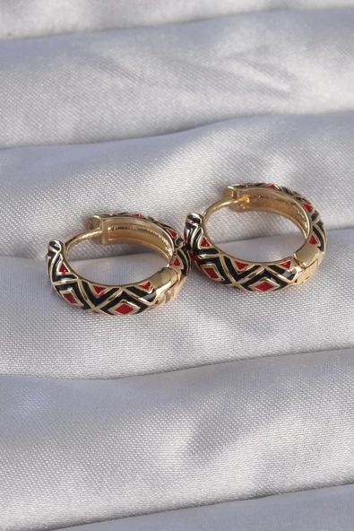 Pirinç Gold Renk Siyah Etnik Desenli Halka Küpe - Resim 2