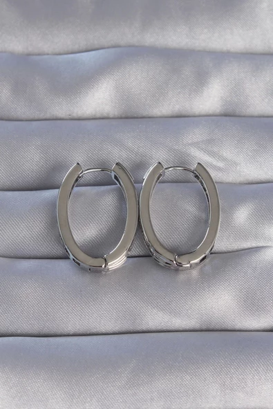 Pirinç Gümüş Renk Zirkon Taşlı Oval Model Küpe - Resim 2