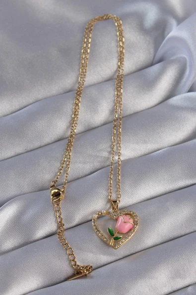 316L Çelik Zincirli Gold Renk Zirkon Taşlı Kalp İçinde Pembe Gül Tasarımlı Kolye - Resim 2
