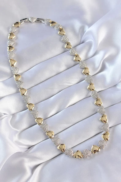 Vip Seri Pirinç Çift Renk Zirkon Taşlı Kalp Tasarımlı Kolye - Resim 2