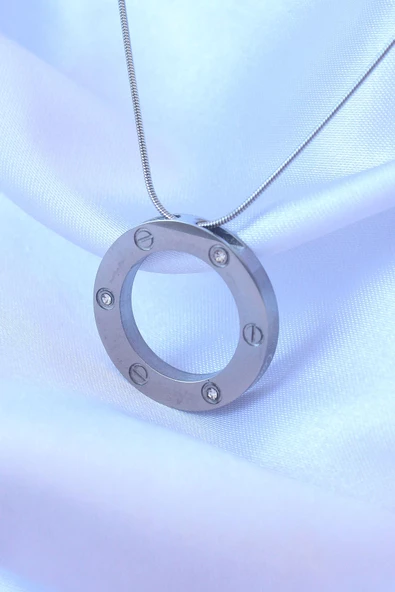 316L Çelik Gümüş Renk Zirkon Taşlı Model Kolye - Resim 2