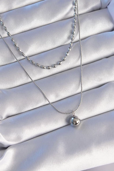316L Çelik Çift Zincirli Gümüş Renk Topçuk Model Kolye ürün görseli 1