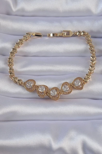 Pirinç Gold Renk İçi Zirkon Taşlı Kalp Figürlü Bileklik ürün görseli 1
