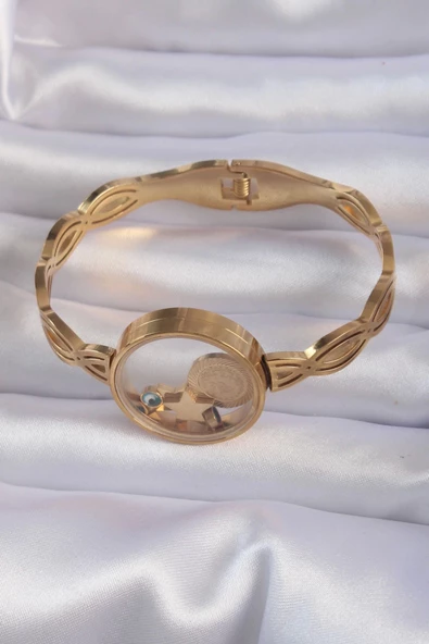 316L Çelik Altın Renk İçi Nazar Boncuk ve Yıldız Figürlü Açılabilir Fanus Kelepçe - Resim 3