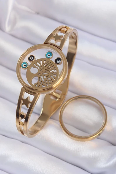 316L Çelik Altın Renk İçi Yaşam Ağacı ve Nazar Boncuk Figürlü Açılabilir Fanus Kelepçe ürün görseli 1