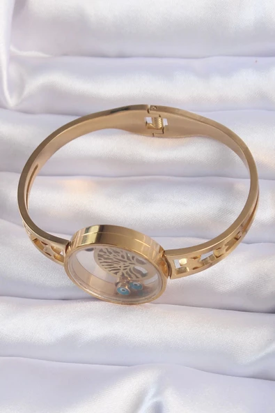 316L Çelik Altın Renk İçi Yaşam Ağacı ve Nazar Boncuk Figürlü Açılabilir Fanus Kelepçe - Resim 2