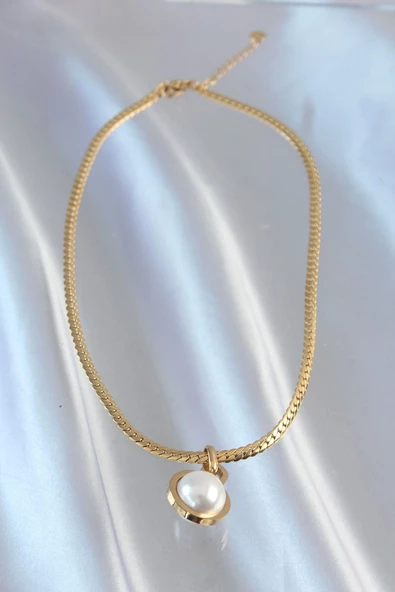 316L Çelik Gold Renk Yassı Zincir İnci Taşlı Kolye - Resim 3