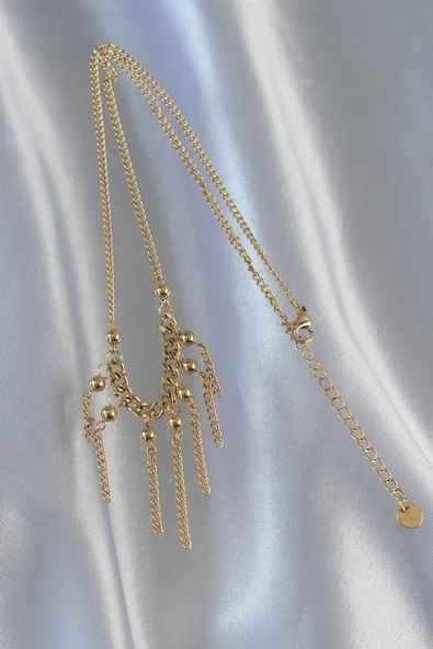 316L Çelik Zincir Gold Renk Topçuk Detay Sallantılı Zincir Kolye - Resim 3