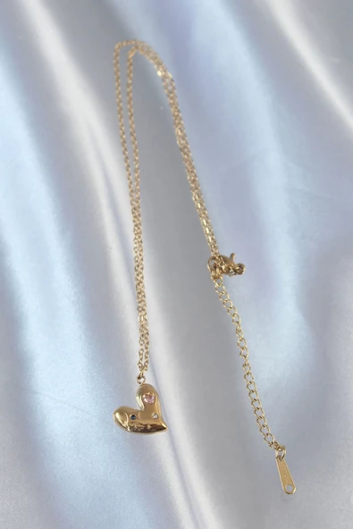 316L Çelik Zincir Gold Renk Renkli Zirkon Taşlı Kalp Kolye - Resim 3