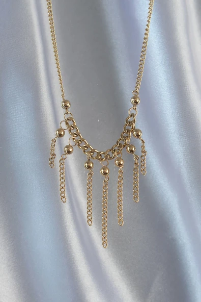 316L Çelik Zincir Gold Renk Topçuk Detay Sallantılı Zincir Kolye - Resim 2