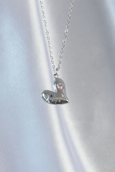 316L Çelik Zincir Gümüş Renk Renkli Zirkon Taşlı Kalp Kolye - Resim 2
