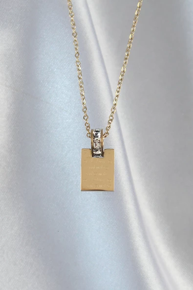 316L Çelik Zincir Gold Renk Zirkon Taşlı Aşk Mektubu Kolye - Resim 2