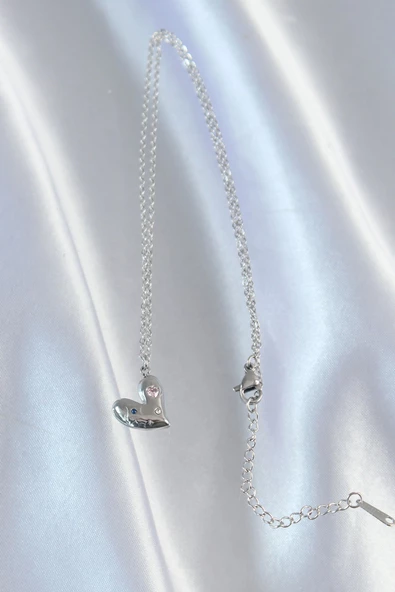 316L Çelik Zincir Gümüş Renk Renkli Zirkon Taşlı Kalp Kolye - Resim 3