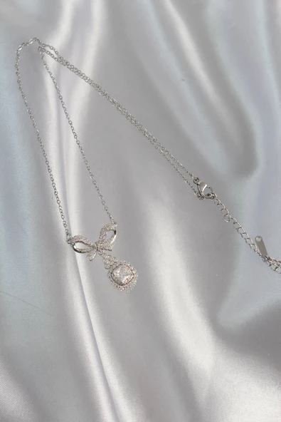 316L Çelik Gümüş Renk Fiyonk Detay Zirkon Taşlı Tektaş Kolye - Resim 3