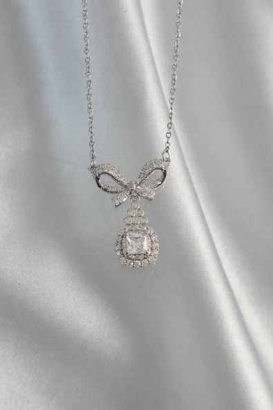 316L Çelik Gümüş Renk Fiyonk Detay Zirkon Taşlı Tektaş Kolye - Resim 2