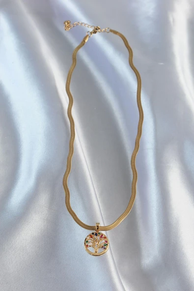 316L Çelik Zincir Gold Renk İtalyan Zincir Renkli Zirkon Taşlı Yaşam Ağacı Kolye - Resim 3