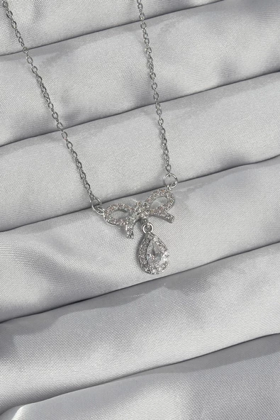 316L Çelik Gümüş Renk Zirkon Taşlı Fiyonk Detay Damla Kolye ürün görseli 1