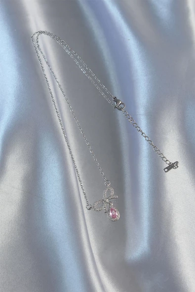 316L Çelik Gümüş Renk Pembe Zirkon Taşlı Damla Kolye - Resim 3