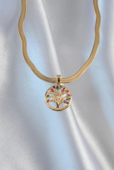 316L Çelik Zincir Gold Renk İtalyan Zincir Renkli Zirkon Taşlı Yaşam Ağacı Kolye - Resim 2