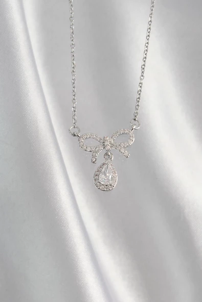 316L Çelik Gümüş Renk Zirkon Taşlı Fiyonk Detay Damla Kolye - Resim 2