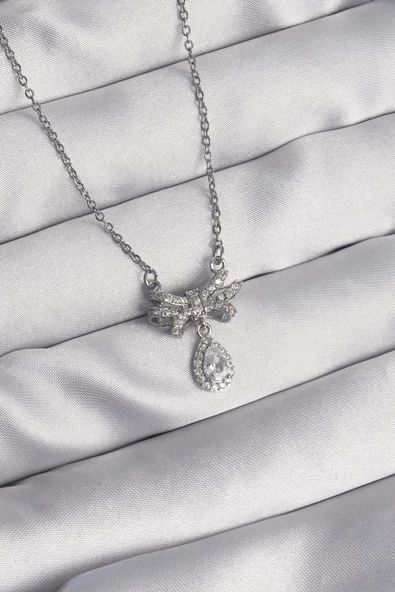 316L Çelik Gümüş Renk Fiyonk Detaylı Zirkon Taşlı Damla Model Kolye ürün görseli 1