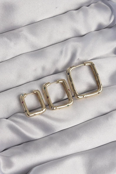 Pirinç Gold Renk Renkli Zirkon Taşlı Kare Model Küpe Seti ürün görseli 1