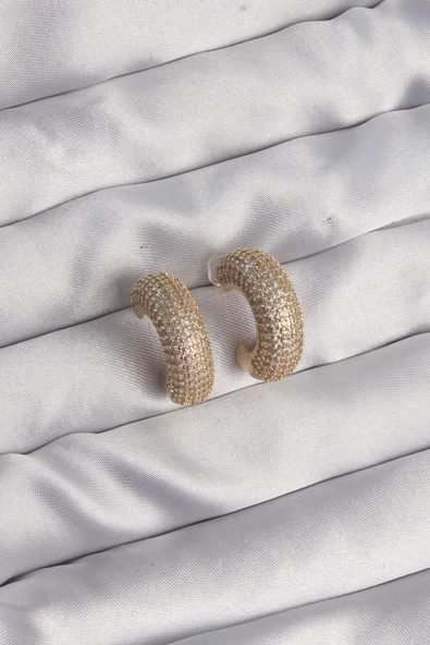 Pirinç Gold Renk Zirkon Taşlı Yarım Halka Küpe - Resim 2