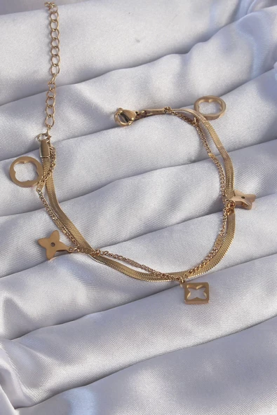 316L Çelik Gold Renk Çift Zincir Yonca Tasarım Bileklik ürün görseli 1