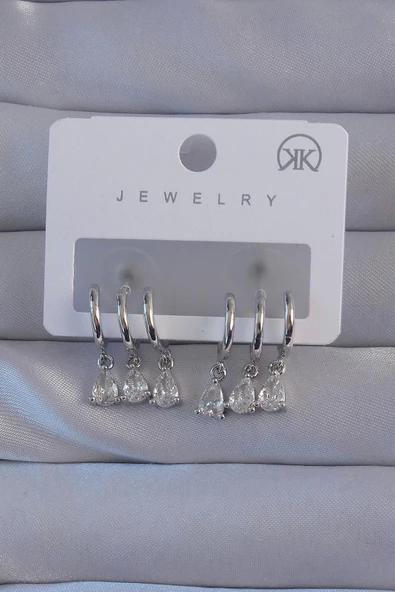 Pirinç Gümüş Renk Zirkon Taşlı Damla Model Çoklu Görünüm Yarım Halka Küpe ürün görseli 1