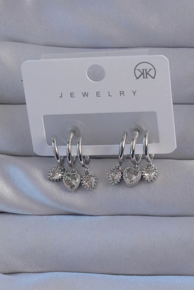 Pirinç Gümüş Renk Zirkon Taşlı Kalp Model Çoklu Görünüm Yarım Halka Küpe ürün görseli 1