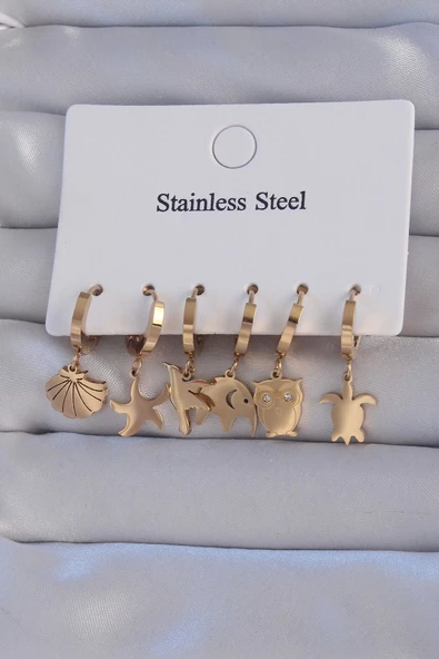 316L Çelik Gold Renk Zirkon Taşlı Hayvan Figürlü Deniz Yıldızı Model Halka Küpe Seti ürün görseli 1