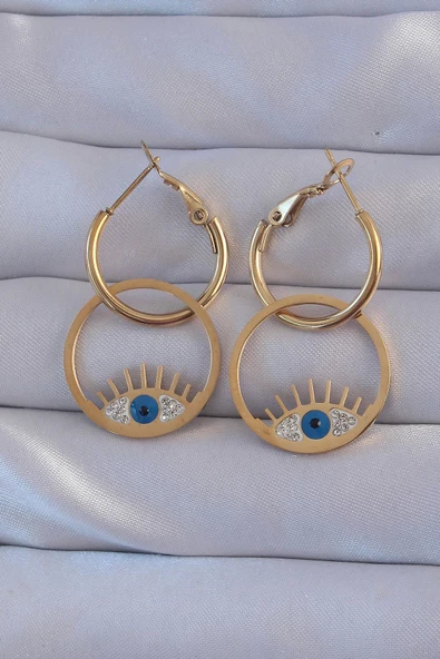 316L Çelik Gold Renk Zirkon Taşlı Mavi Göz Tasarımlı Halka Küpe ürün görseli 1