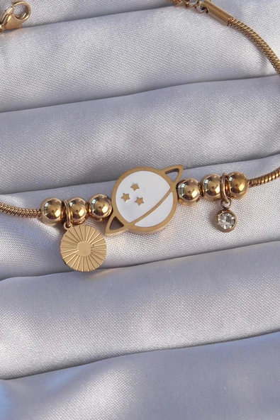 316L Çelik Gold Renk Zirkon Taşlı Mineli Satürn Tasarımlı Bileklik - Resim 2