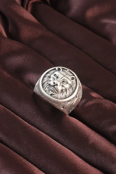 Gümüş Renk Aslan Figürlü Ayarlamalı Erkek Yüzük - 3