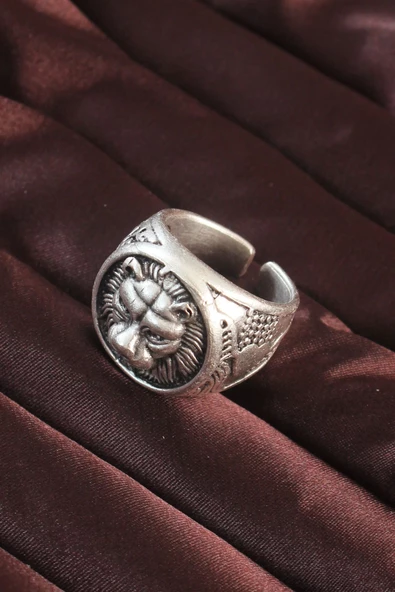 Gümüş Renk Aslan Figürlü Ayarlamalı Erkek Yüzük - 2