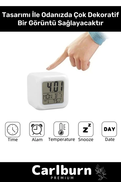 Özel Üretim Dekoratif Termometre Takvimli 7 Renk Değiştiren Dijital Küp Alarmlı Küp Masa Çalar Saat - 4