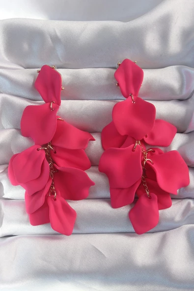 Pirinç Fuşya Renk Sallantılı Yaprak Model Küpe ürün görseli 1