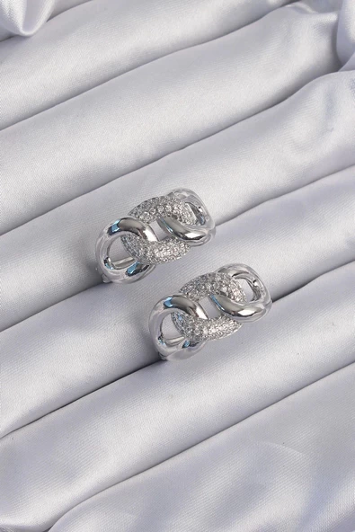 Pirinç Gümüş Renk Zirkon Taşlı Samanyolu Küpe - 2