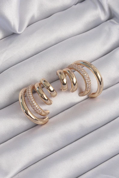 Pirinç Gold Renk Zirkon Taşlı Kaburga Model Küpe ürün görseli 1
