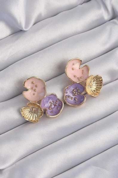 Pirinç Gold Renk Mor Mineli 3lü Orkide Küpe ürün görseli 1