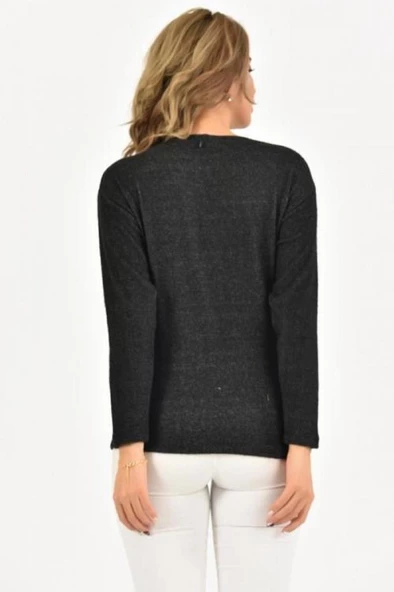 Bisiklet Yaka Nakış Baskılı Örme Siyah Kadın Bluz - 4