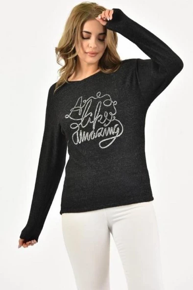 Bisiklet Yaka Nakış Baskılı Örme Siyah Kadın Bluz - 3